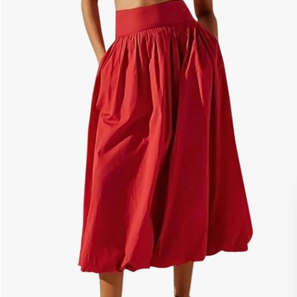 Women Y2k Bubble Maxi Elastic Low Waist A Line Long Skirt - Red // Small - Picture 1 of 11